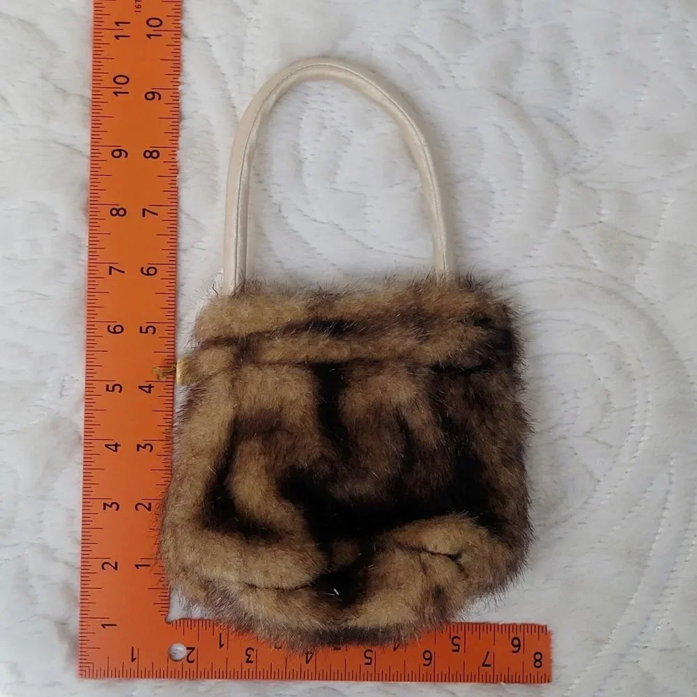 Brown Faux Fur Purse Drawstring Top Small Bag Satin Lined Rigid Handle Holiday